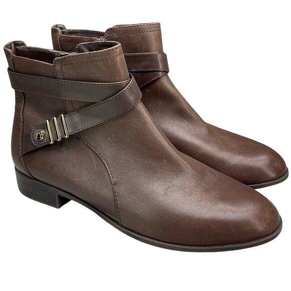 Anne Klein Shoes - Anne Klein Kael Brown Leather Side Zip Buckle Strap Ankle Boots Women 9.5